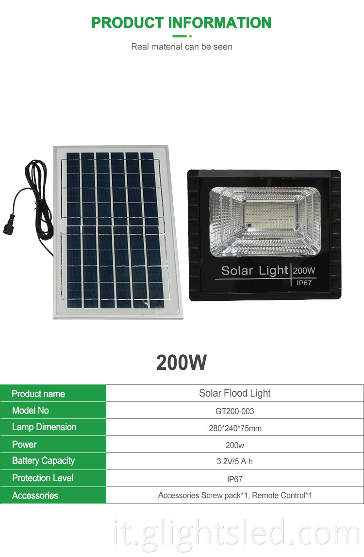 G-Lights Lampada di inondazione solare a LED a risparmio energetico Ip67 impermeabile da esterno Smd 200w